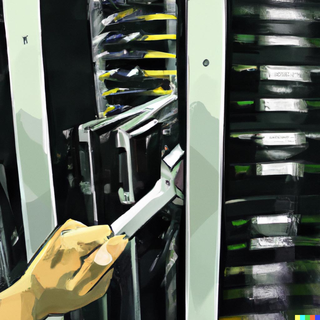 DALL·E prompt: A data server rack being squeezed in a vice, digital painting